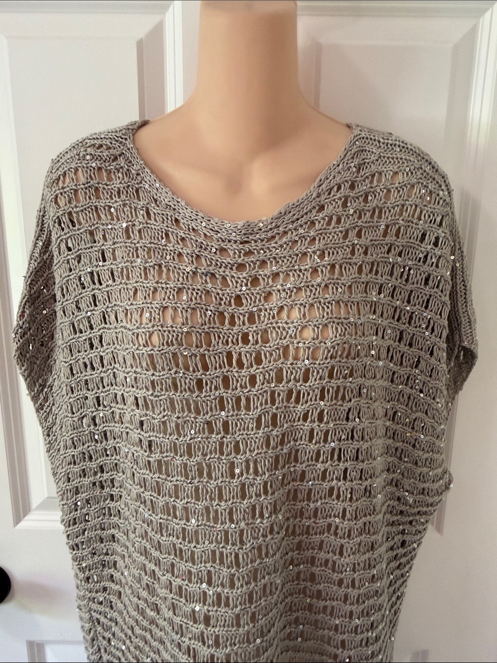Eileen Fisher Open Weave Scoop-Neck Sweater in Light Gray with sequin details